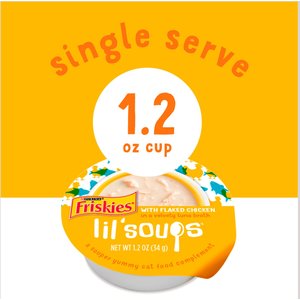 Friskies Lil' Soups with Flaked Chicken in a Velvety Tuna Broth Lickable Cat Food Topper, 1.2-oz tub, case of 8
