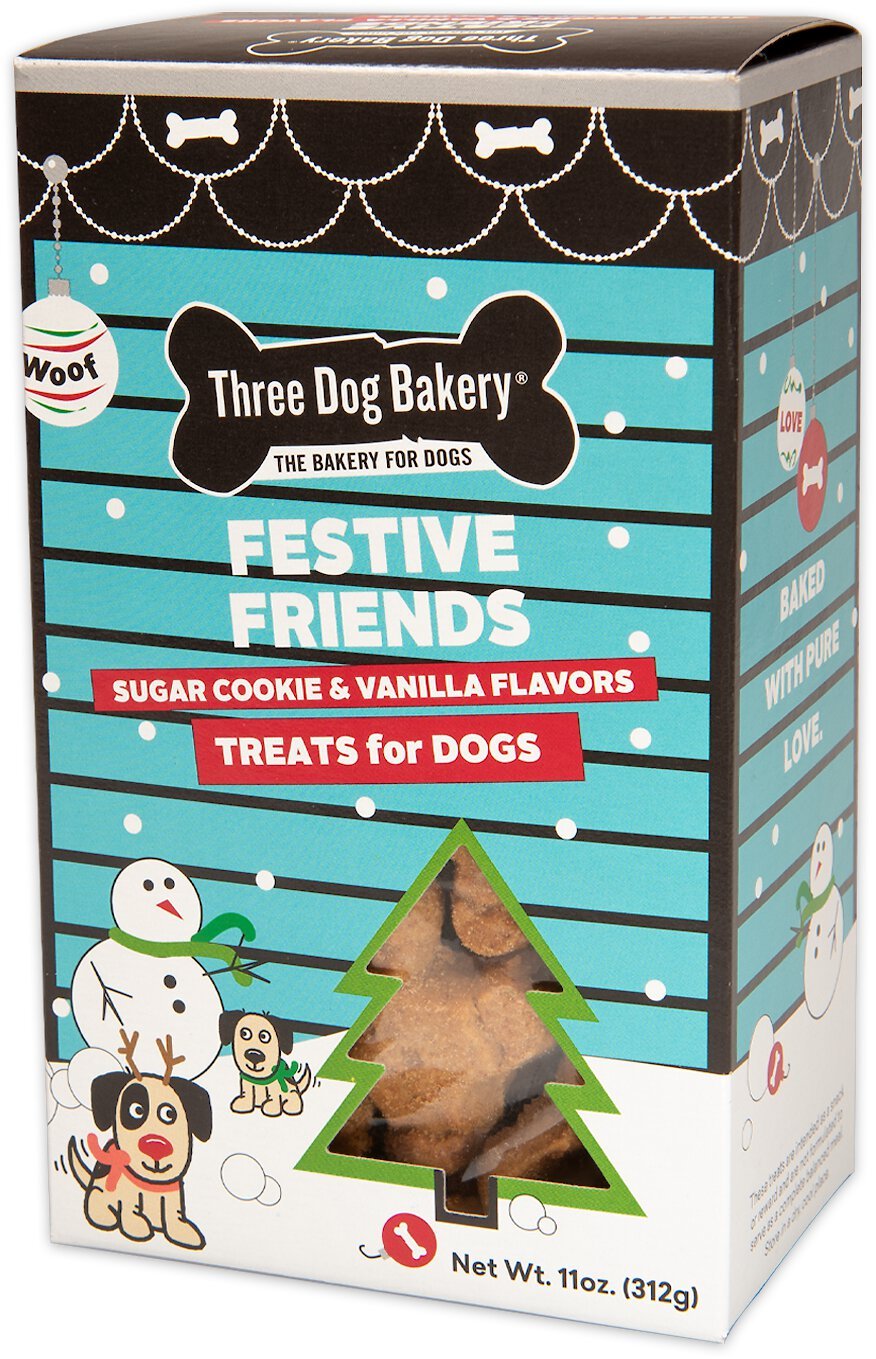 THREE DOG BAKERY Festive Friends Sugar Cookie & Vanilla Flavor Dog Treats Customer Questions