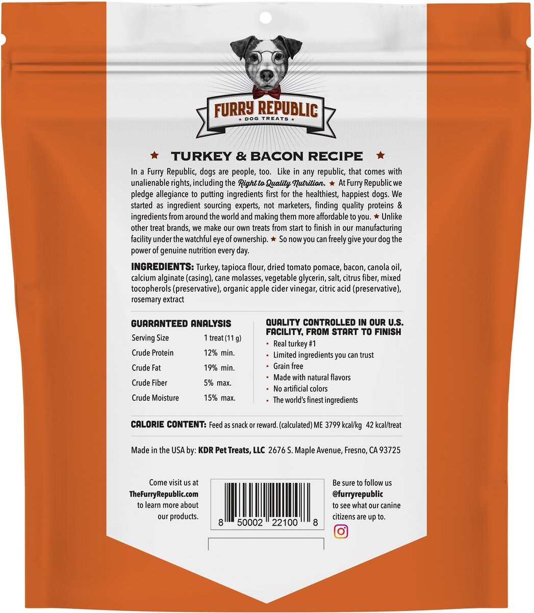 FURRY REPUBLIC Sticks Turkey & Bacon Recipe GrainFree Dog Treats, 6oz