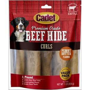 Cadet Premium Grade Beef Hide Chew Curls Dog Treats, Peanut Butter, 1-lb bag 
