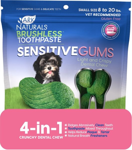 Ark Naturals Brushless Toothpaste Sensitive Gums Dental Dog Chews, Small Breeds 8-20 lbs 4.1-oz bag, Count Varies slide 1 of 3