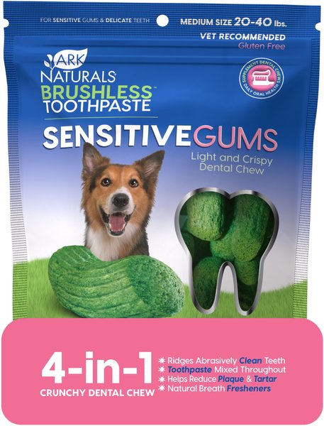 Ark Naturals Brushless Toothpaste Sensitive Gums Dental Dog Chews, Medium Breeds 20-40 lbs 7.8-oz bag, Count Varies slide 1 of 3
