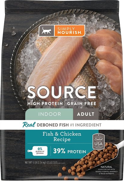 SIMPLY NOURISH Source Fish Chicken Recipe High Protein Grain Free Adult Indoor Dry Cat Food