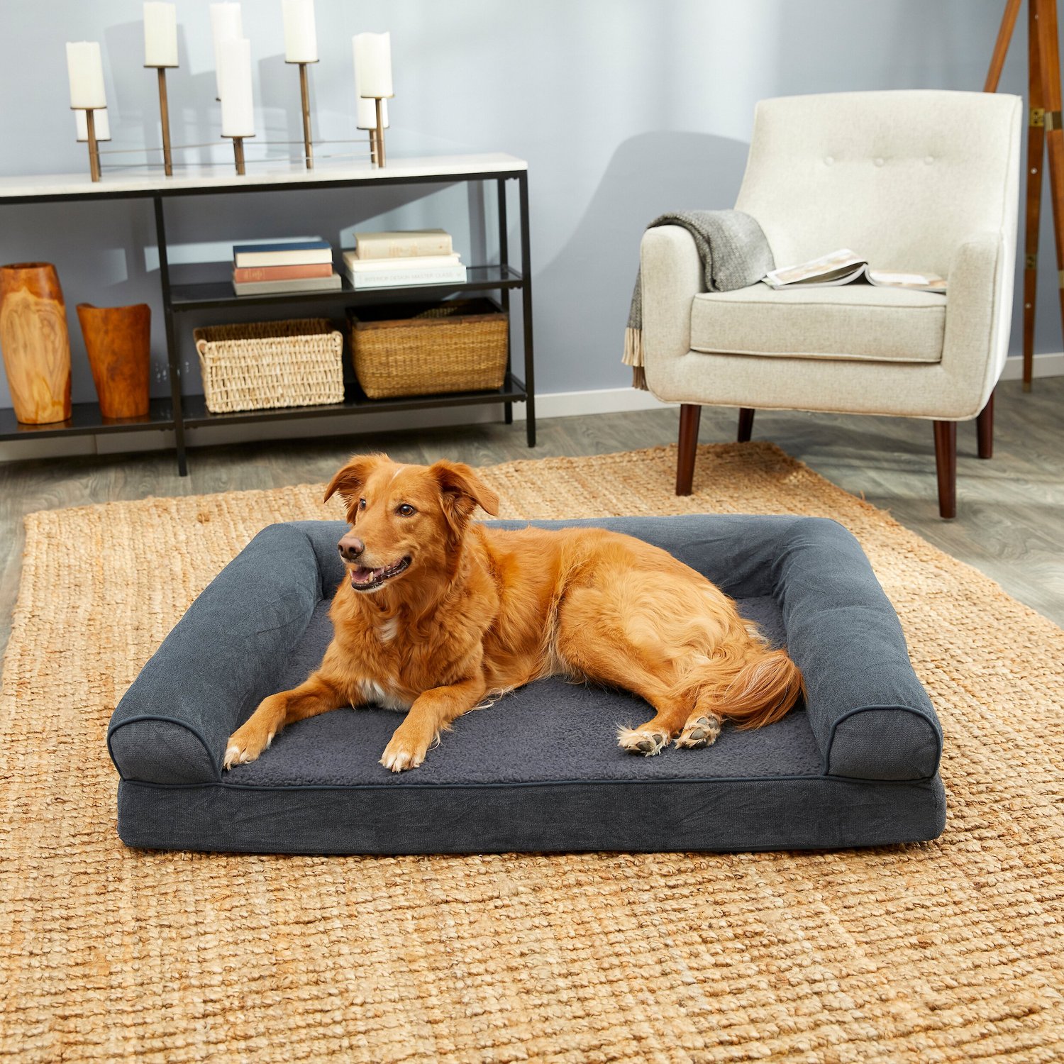 FurHaven Sofa Dog Bed - Faux Fleece & Chenille Memory Foam / Jumbo / Orion Blue