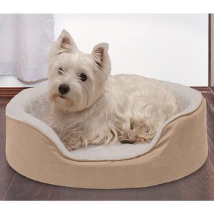 FurHaven Faux Sheepskin & Suede Orthopedic Bolster Dog Bed w/Removable Cover, Clay, Medium