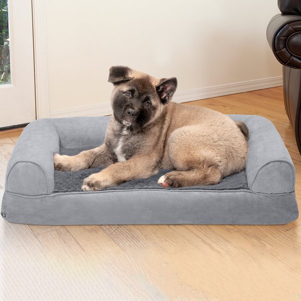FurHaven Plush & Suede Memory Top Bolster Dog Bed w/Removable Cover, Gray, Medium slide 1 of 9
