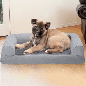FurHaven Plush & Suede Memory Top Bolster Dog Bed w/Removable Cover, Gray, Medium