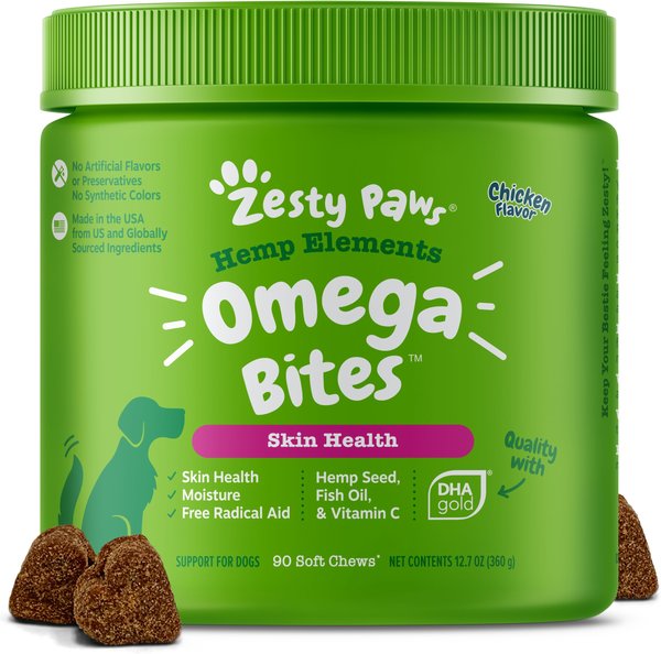 Zesty Paws Hemp Elements Omega Bites Chicken Flavored Soft Chews Skin & Coat Supplement for Dogs, 90 count slide 1 of 9