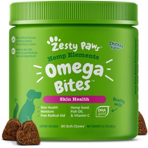 Zesty Paws Hemp Elements Omega Bites Chicken Flavored Soft Chews Skin & Coat Supplement for Dogs, 90 count