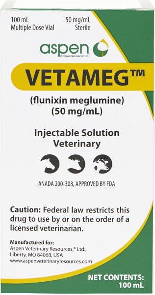 Vetameg (flunixin meglumine) Injectable for Horses & Livestock, 50 mg/mL,100-mL vial slide 1 of 7