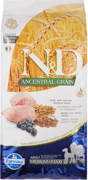 Farmina N&D Ancestral Grain Lamb & Blueberry Medium & Maxi Adult Dry Dog Food, 26.4-lb bag slide 1 of 6