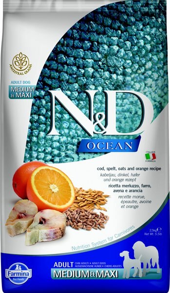 Farmina N&D Ocean Codfish & Orange Ancestral Grain Medium & Maxi Adult Dry Dog Food, 5.5-lb bag slide 1 of 6