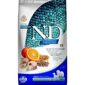 Farmina N&D Ocean Codfish & Orange Ancestral Grain Medium & Maxi Adult Dry Dog Food, 5.5-lb bag