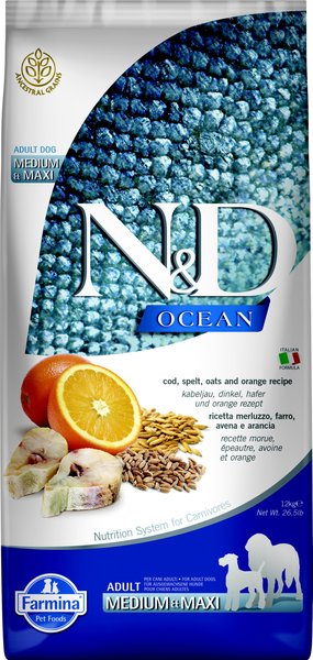 Farmina N&D Ocean Codfish & Orange Ancestral Grain Medium & Maxi Adult Dry Dog Food, 26.5-lb bag slide 1 of 6