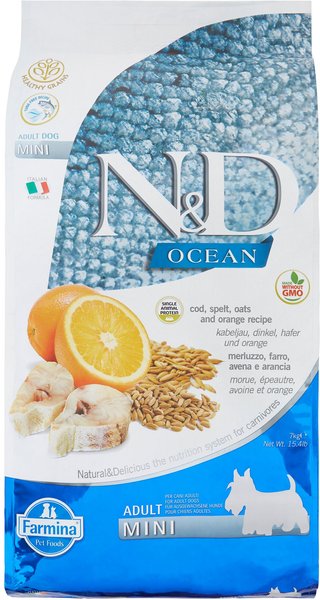 Farmina N&D Ocean Codfish & Orange Ancestral Grain Mini Adult Dry Dog Food, 15.4-lb bag slide 1 of 6