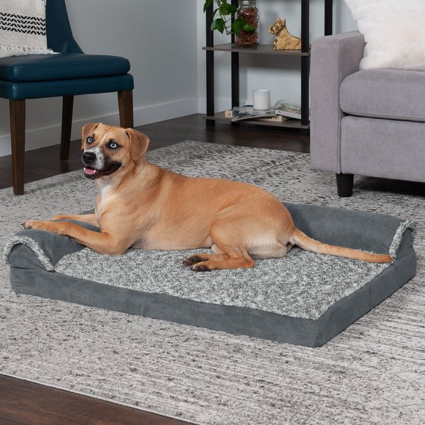 FurHaven Two Tone Faux Fur & Suede Deluxe Chaise Cooling Gel Dog & Cat Bed w/Removable Cover, Stone Gray, Large slide 1 of 10