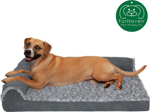 Show full view: FurHaven Two Tone Faux Fur & Suede Deluxe Chaise Cooling Gel Dog & Cat Bed with Removable Cover, Stone Gray, Large slide 5 of 12