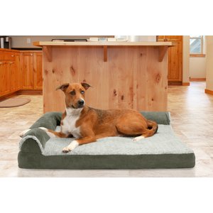 FurHaven Two Tone Faux Fur & Suede Deluxe Chaise Cooling Gel Dog & Cat Bed w/Removable Cover, Dark Sage, Jumbo
