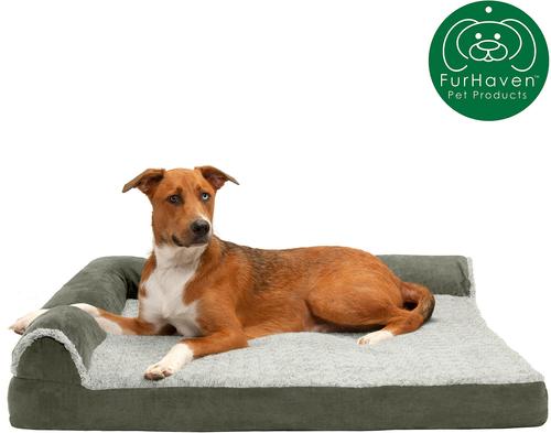 Show full view: FurHaven Two Tone Faux Fur & Suede Deluxe Chaise Cooling Gel Dog & Cat Bed with Removable Cover, Dark Sage, Jumbo slide 4 of 11