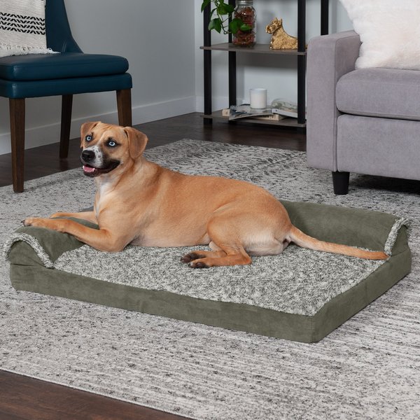 FurHaven Two Tone Faux Fur & Suede Deluxe Chaise Cooling Gel Dog & Cat Bed w/Removable Cover, Dark Sage, Large slide 1 of 10