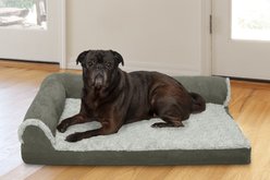 FurHaven Two Tone Faux Fur & Suede Deluxe Chaise Cooling Gel Dog & Cat Bed with Removable Cover, Dark Sage, Medium