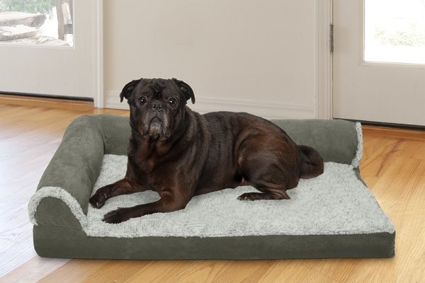 FurHaven Two Tone Faux Fur & Suede Deluxe Chaise Cooling Gel Dog & Cat Bed w/Removable Cover, Dark Sage, Medium slide 1 of 10