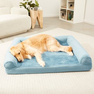 FurHaven Faux Fur Cooling Gel Bolster Cat & Dog Bed with Removable Cover, Harbor Blue, Jumbo