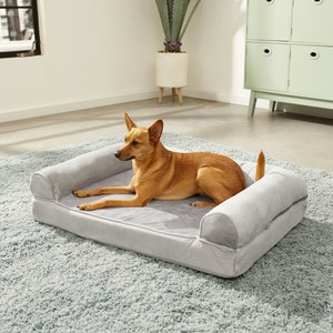 FurHaven Faux Fur Cooling Gel Bolster Cat & Dog Bed with Removable Cover, Smoke Gray, Medium