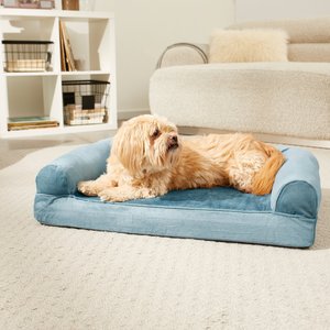 FurHaven Faux Fur Cooling Gel Bolster Cat & Dog Bed w/Removable Cover, Harbor Blue, Medium