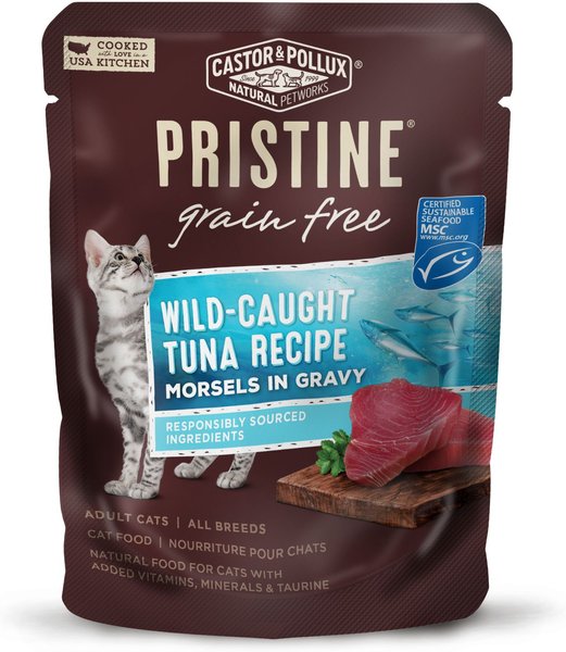 Castor & Pollux Pristine Grain-Free Wild-Caught Tuna Recipe Morsels in Gravy Cat Food Pouches, 3-oz, case of 24 slide 1 of 5