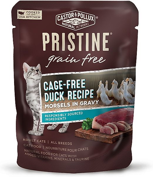 Castor & Pollux Pristine Grain-Free Cage-Free Duck Recipe Morsels in Gravy Cat Food Pouches, 3-oz, case of 24 slide 1 of 6