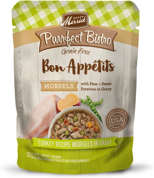 Merrick Purrfect Bistro Bon Appetits Grain-Free Turkey Recipe Morsels in Gravy Adult Cat Food Pouches, 3-oz, case of 24 slide 1 of 7