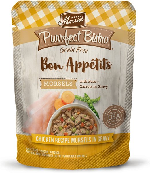 Merrick Purrfect Bistro Bon Appetits Grain-Free Chicken Recipe Morsels in Gravy Adult Cat Food Pouches, 3-oz, case of 24 slide 1 of 7