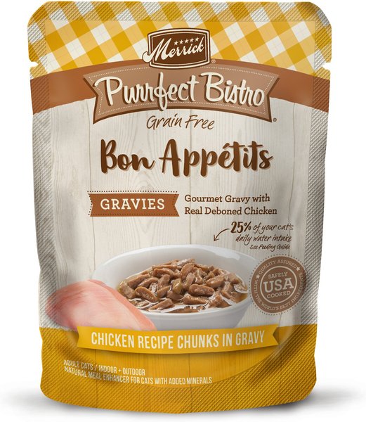 Merrick Purrfect Bistro Bon Appetits Grain-Free Chicken Recipe Chunks in Gravy Adult Cat Food Pouches, 3-oz, case of 24 slide 1 of 7