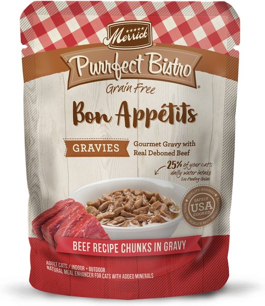 Merrick Purrfect Bistro Bon Appetits Grain-Free Beef Recipe Chunks in Gravy Adult Cat Food Pouches, 3-oz, case of 24 slide 1 of 7