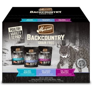Merrick Backcountry Grain-Free Morsels in Gravy Real Duck, Chicken, Turkey Recipe Cuts Variety Pack Cat Food Pouches, 3-oz, case of 12