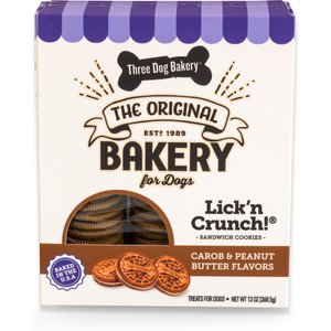 Three Dog Bakery Lick' n Crunch Sandwich Cookies Carob & Peanut Butter Flavor Dog Treats, 13-oz box