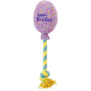 Frisco Birthday Balloon Plush with Rope Squeaky Dog Toy, Purple, Medium/Large