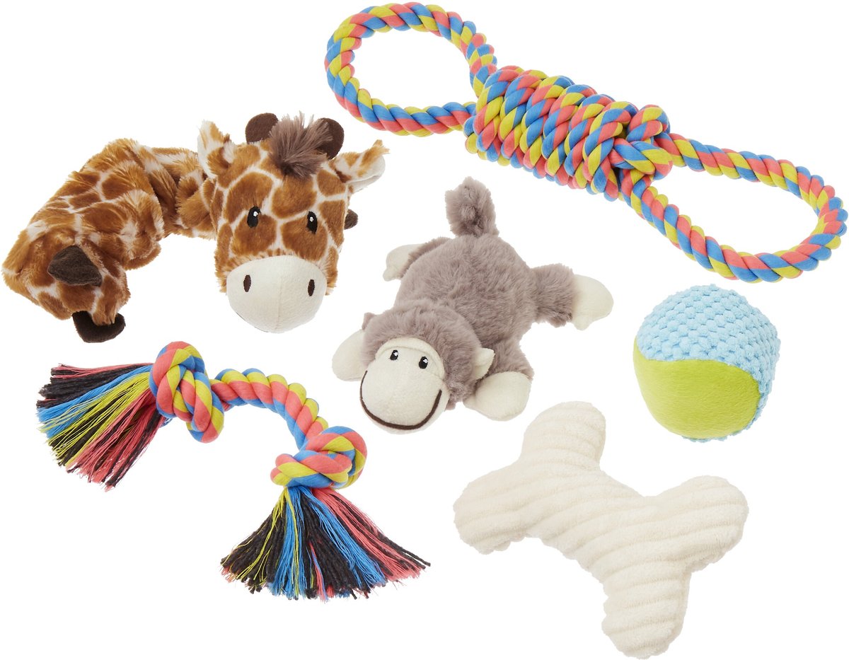 FRISCO Jungle Pals Plush & Rope Variety Pack Dog Toy, Small/Medium, 6 count  