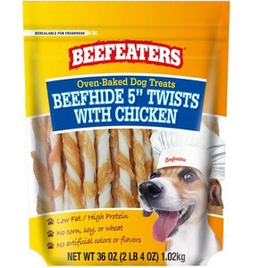 Beefeaters Beefhide 5" Strips with Chicken Dog Treats, 36-oz bag