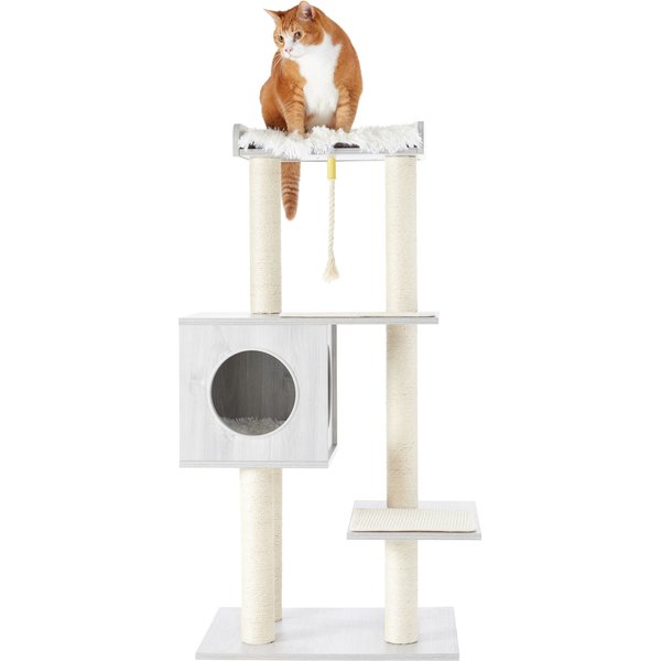 FRISCO Natural Wood Modern Cat Tree with Toy, Ivory, Medium