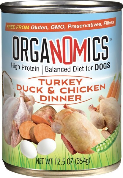 OrgaNOMics Turkey, Duck & Chicken Dinner Grain-Free Pate Wet Dog Food, 12.8-oz can, case of 12 slide 1 of 1