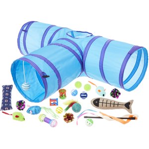 Frisco Plush, Teaser, Ball & Tri-Tunnel Variety Pack Cat Toy with Catnip, 20 count, Blue/Purple