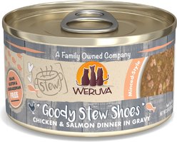 Weruva Classic Cat Goody Stew Shoes Chicken & Salmon in Gravy Stew Canned Cat Food, 2.8-oz can, case of 12