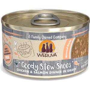 Weruva Classic Cat Goody Stew Shoes Chicken & Salmon in Gravy Stew Canned Cat Food, 2.8-oz can, case of 12