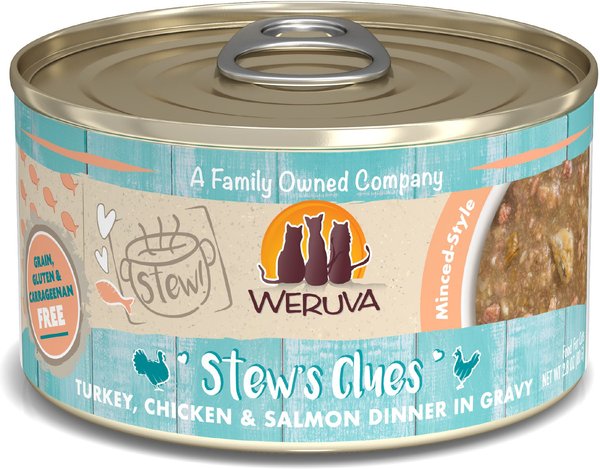 Weruva Classic Cat Stew's Clues Turkey, Chicken & Salmon in Gravy Stew Wet Canned Cat Food, 2.8-oz can, case of 12 slide 1 of 9