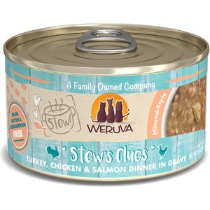 Weruva Classic Cat Stew's Clues Turkey, Chicken & Salmon in Gravy Stew Wet Canned Cat Food, 2.8-oz can, case of 12