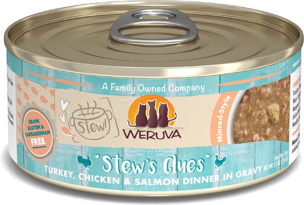 Weruva Classic Cat Stew's Clues Turkey, Chicken & Salmon in Gravy Stew Wet Canned Cat Food, 5.5-oz can, case of 8 slide 1 of 7