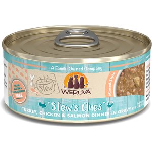 Weruva Classic Cat Stew's Clues Turkey, Chicken & Salmon in Gravy Stew Wet Canned Cat Food, 5.5-oz can, case of 8