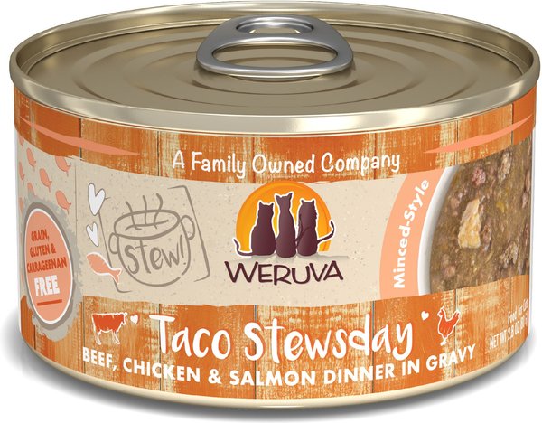 Weruva Classic Cat Taco Stewsday Beef, Chicken & Salmon in Gravy Canned Cat Food, 2.8-oz can, case of 12 slide 1 of 7
